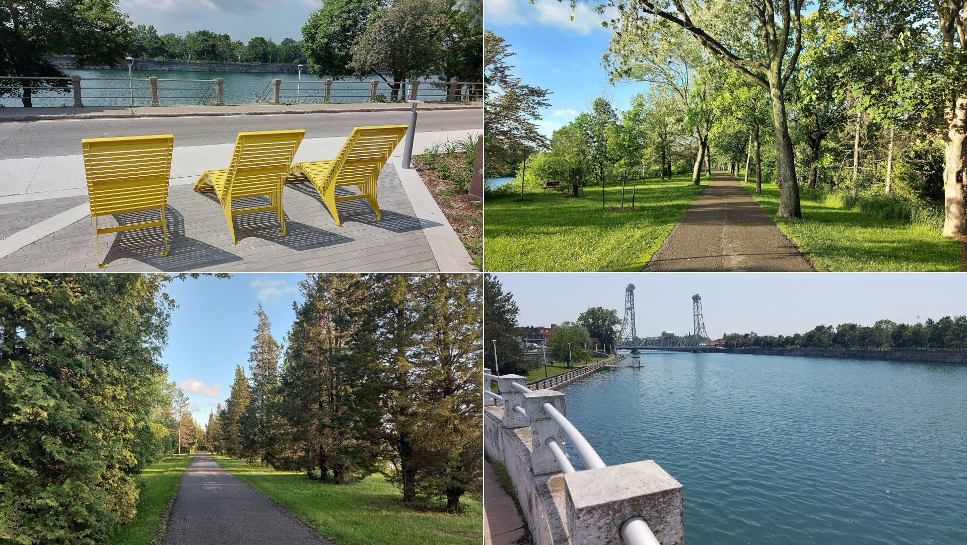 Yellow lounge chairs along the Welland Canal walking path Tree-lined walking path beside the canal Shaded walking trail on Merritt Island Water pipes and railing along the Welland River